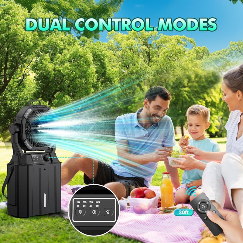 Wilody Misting Fan Portable Camping Fan 42800mAh Rechargeable with Remote Control, 3 LED Light & Stepless Speed Control & Cooling Spray with 6L Bucket, Timer Function, Portable Handle, Rotating Hanging Hook - Image 5